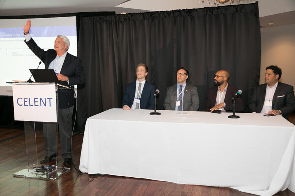 Senior Analyst Mike Fitzgerald shares his enthusiasm for the winners in the Innovation category as the panel looks on (Reghardt Pretorius, Discovery Limited; Mike Lipman, AIG; James Robinson, Ladder; Tim Attia, Slice Labs)