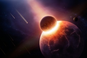 Earth destroyed in collision - 3D artwork illustration of planetary collision